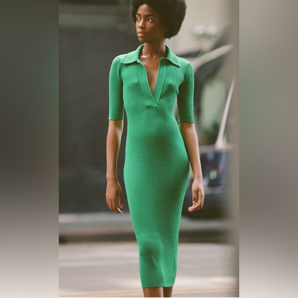 Zara Green Ribbed Polo-Style Midi Dress